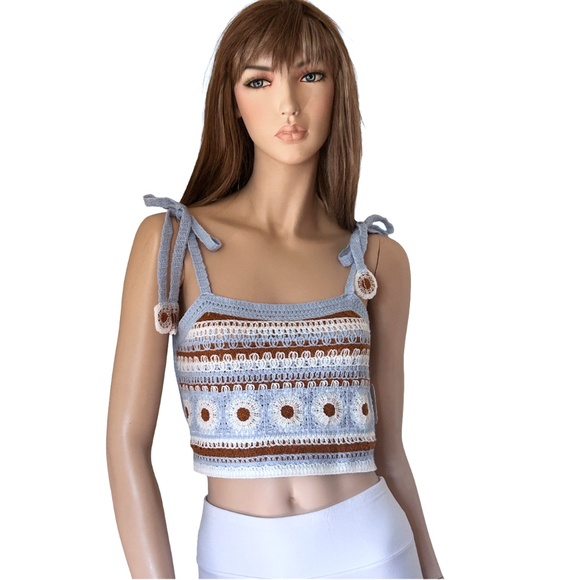 ALTAR'D STATE Crochet Knit Crop Top Floral Tie Straps Shirt Strappy Sky Blue - Picture 3 of 15